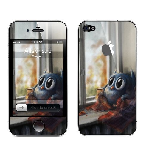 Наклейка на Телефон Apple iPhone 4S, 4 (с яблоком) Vanilla Owl,  купить в Москве – интернет-магазин Allskins, ваниль, хипстер, сова, птицы, осень, графика, любовь, тренд, 300 Лучших работ