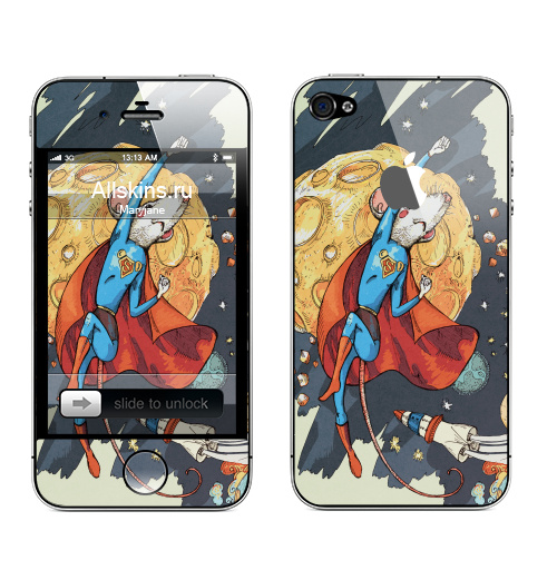 Наклейка на Телефон Apple iPhone 4S, 4 (с яблоком) СуперМышь,  купить в Москве – интернет-магазин Allskins, летучая мышь, супермен, комиксы, космос, животные, мышь