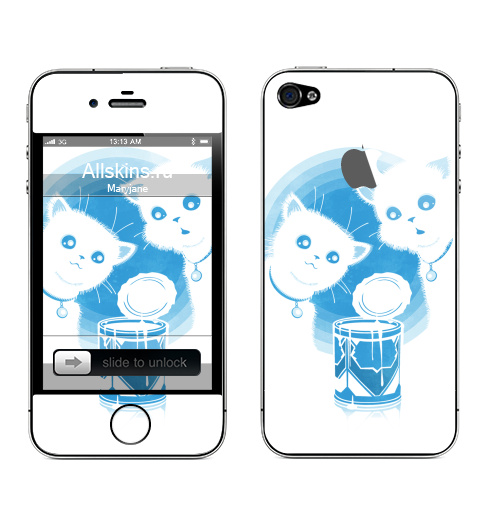 Наклейка на Телефон Apple iPhone 4S, 4 (с яблоком) ДВА КОТЁНКА И СГУЩЁНКА,  купить в Москве – интернет-магазин Allskins, прикол, белый, голубой, кошка, синий, киса, сгущенка