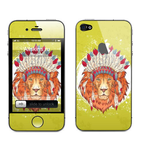 Наклейка на Телефон Apple iPhone 4S, 4 (с яблоком) ВОЖДЬ ЗВЕРЕЙ,  купить в Москве – интернет-магазин Allskins, индеец, животные, лев, иллюстация, перья