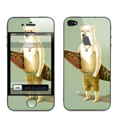 Наклейка на Телефон Apple iPhone 4S, 4 (с яблоком) Алоха,  купить в Москве – интернет-магазин Allskins, серфинг, медведь, лето, 300 Лучших работ