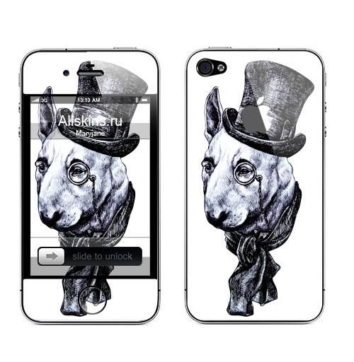 Наклейка на Телефон Apple iPhone 4S, 4 (с яблоком) Сэр Бультерьер,  купить в Москве – интернет-магазин Allskins, крутые животные, черно-белое, животные, собаки, стимпанк, бультерьер, милые животные