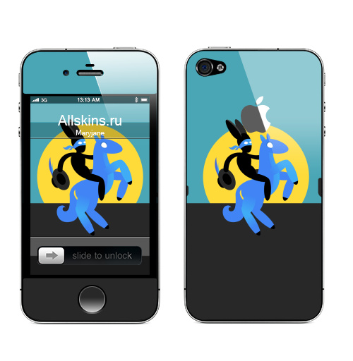 Наклейка на Телефон Apple iPhone 4S, 4 (с яблоком) Синийконь,  купить в Москве – интернет-магазин Allskins, черный, зорро, синий, лошадь, заяц