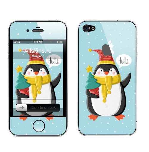 Наклейка на Телефон Apple iPhone 4S, 4 (с яблоком) Пингвин с ёлкой,  купить в Москве – интернет-магазин Allskins, шапка, снег, новый год, пингвин, детские