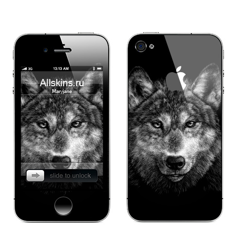 Наклейка на Телефон Apple iPhone 4S, 4 (с яблоком) Волчище,  купить в Москве – интернет-магазин Allskins, морда, животные, волк, полностьючерный, 300 Лучших работ