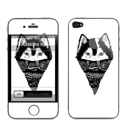 Наклейка на Телефон Apple iPhone 4S, 4 (с яблоком) Пёс,  купить в Москве – интернет-магазин Allskins, крутые животные, собаки, персонажи, мафия, графика, белый, черный, животные, милые животные