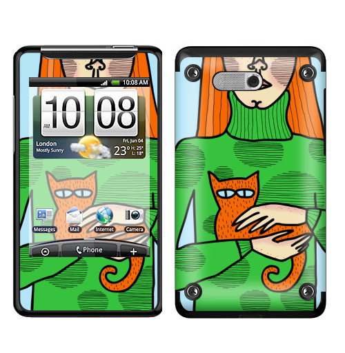 Наклейка на Телефон HTC HTC Gratia Лучший друг кот,  купить в Москве – интернет-магазин Allskins, кошка, девушка, дружба, рыжая, яркий