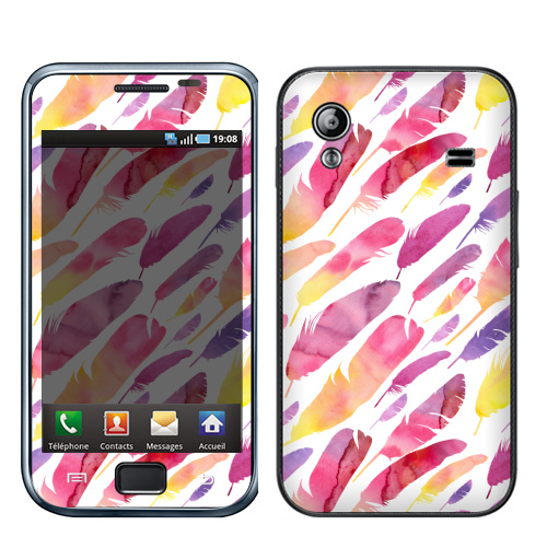 Наклейка на Телефон Samsung Galaxy Ace (S5830) Акварельные перышки на белом фоне,  купить в Москве – интернет-магазин Allskins, перья, фиолетовый, сиреневый, лимонный, розовый, градиент, текстура, акварель