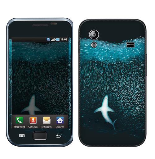 Наклейка на Телефон Samsung Galaxy Ace (S5830) Акула с рыбками,  купить в Москве – интернет-магазин Allskins, акула, морская, рыба, животные, графика, голубой, океаны, глубина, бирюзовый