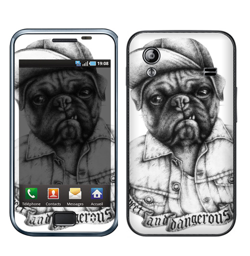 Наклейка на Телефон Samsung Galaxy Ace (S5830) Опасный мопс,  купить в Москве – интернет-магазин Allskins, крутые животные, черное и белое, Мопс, собаки, мило, кепка, дерзкий, татуировки, оскал, черно-белое, хулиган