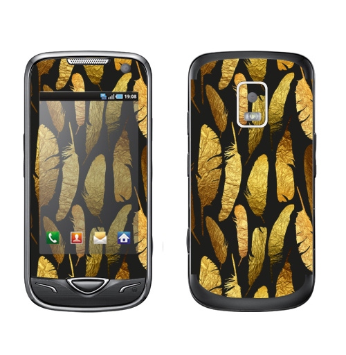 Наклейка на Телефон Samsung B7722 - Золотые перья -,  купить в Москве – интернет-магазин Allskins, фольга, текстура, золото, черный, перья, контур