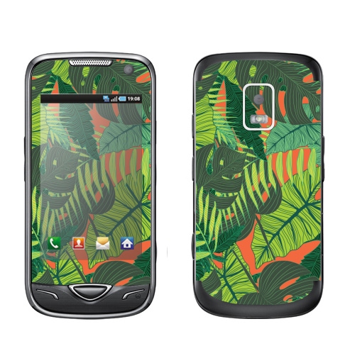 Наклейка на Телефон Samsung B7722 Тропический принт,  купить в Москве – интернет-магазин Allskins, дистья, монстера, монстры, птицы, цветы, текстура, паттерн, джунгли, тропики