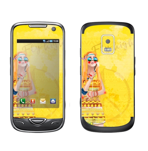 Наклейка на Телефон Samsung B7722 Девушка Хиппи,  купить в Москве – интернет-магазин Allskins, девушка, лето, желтый, оранжевый, хиппи, очки, рыжая, любовь, солнце