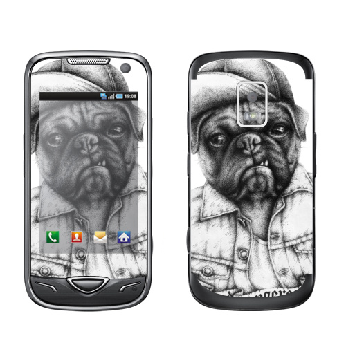 Наклейка на Телефон Samsung B7722 Опасный мопс,  купить в Москве – интернет-магазин Allskins, крутые животные, черное и белое, Мопс, собаки, мило, кепка, дерзкий, татуировки, оскал, черно-белое, хулиган