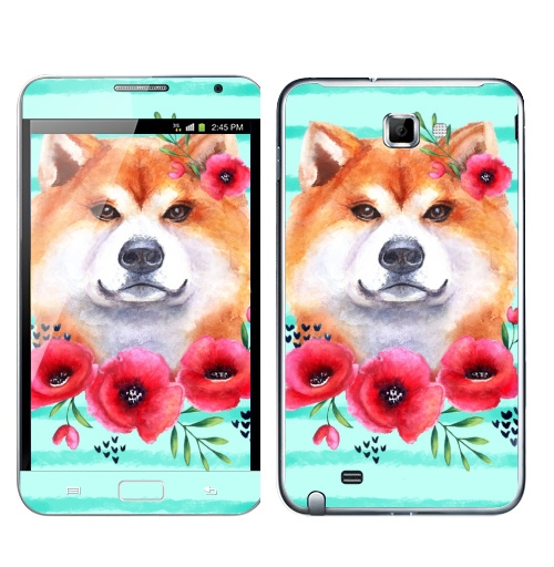Наклейка на Телефон Samsung Galaxy Note Акита и маки,  купить в Москве – интернет-магазин Allskins, крутые животные, собаки, рыжая, акварель, мак, цветы, красный, акита