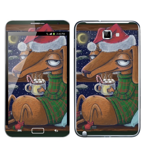 Наклейка на Телефон Samsung Galaxy Note Уютный новогодний пес,  купить в Москве – интернет-магазин Allskins, крутые животные, уютно, уют, зима, окно, какао, такса, собаки, новый год, нгднгд