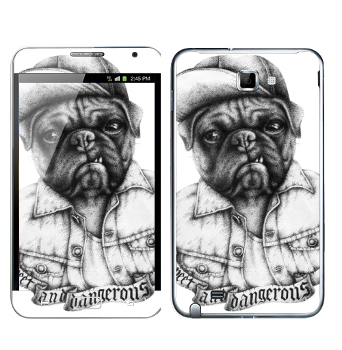 Наклейка на Телефон Samsung Galaxy Note Опасный мопс,  купить в Москве – интернет-магазин Allskins, крутые животные, черное и белое, Мопс, собаки, мило, кепка, дерзкий, татуировки, оскал, черно-белое, хулиган
