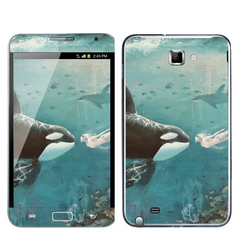 Наклейка на Телефон Samsung Galaxy Note Орка,  купить в Москве – интернет-магазин Allskins, голубой, любовь, касатка, морская, подводная, дельфины, девушка, зеленый