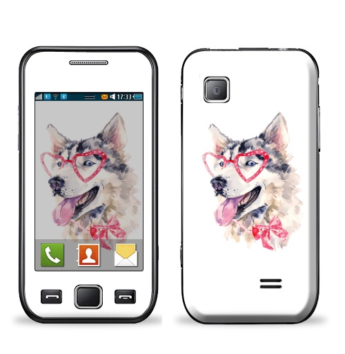 Наклейка на Телефон Samsung Wave (S5250) Модная собака,  купить в Москве – интернет-магазин Allskins, крутые животные, милые животные, мило, хаски, розовый, очки, акварель, собаки, детские