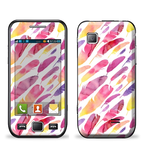 Наклейка на Телефон Samsung Wave (S5250) Акварельные перышки на белом фоне,  купить в Москве – интернет-магазин Allskins, перья, фиолетовый, сиреневый, лимонный, розовый, градиент, текстура, акварель