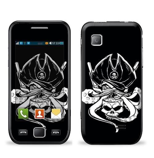 Наклейка на Телефон Samsung Wave (S5250) Осьминог-пират,  купить в Москве – интернет-магазин Allskins, осьминог, пират, мозг, шляпа, усы, еда, ест, оружие, графика
