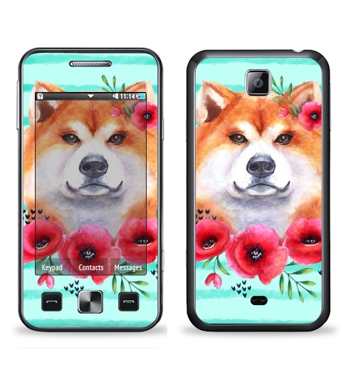 Наклейка на Телефон Samsung C6712 Star 2 Duos Акита и маки,  купить в Москве – интернет-магазин Allskins, крутые животные, собаки, рыжая, акварель, мак, цветы, красный, акита