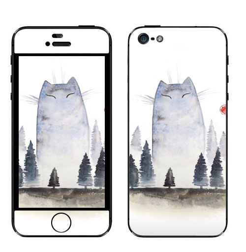 Наклейка на Телефон Apple iPhone 5 Кот туманный,  купить в Москве – интернет-магазин Allskins, акварель, туман, лес, кошка