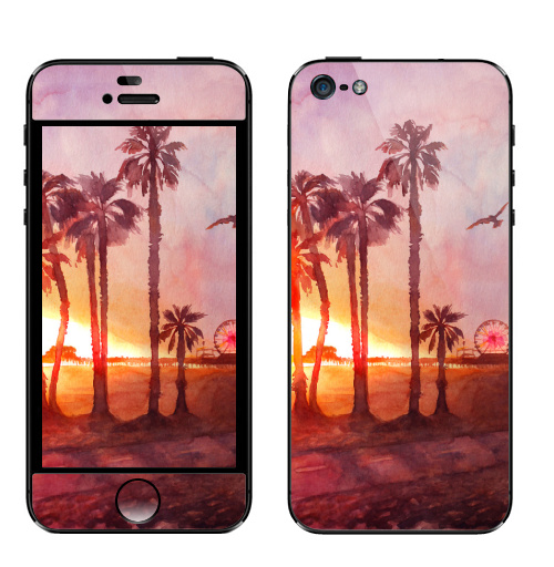 Наклейка на Телефон Apple iPhone 5 Закат в Санта Монике,  купить в Москве – интернет-магазин Allskins, красный, яркий, пейзаж, летний, лето, пальма, пальмы, солнце