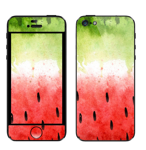 Наклейка на Телефон Apple iPhone 5 Арбузный принт,  купить в Москве – интернет-магазин Allskins, ягоды, брызги, яркий, лето, зеленый, красный, арбуз, акварель
