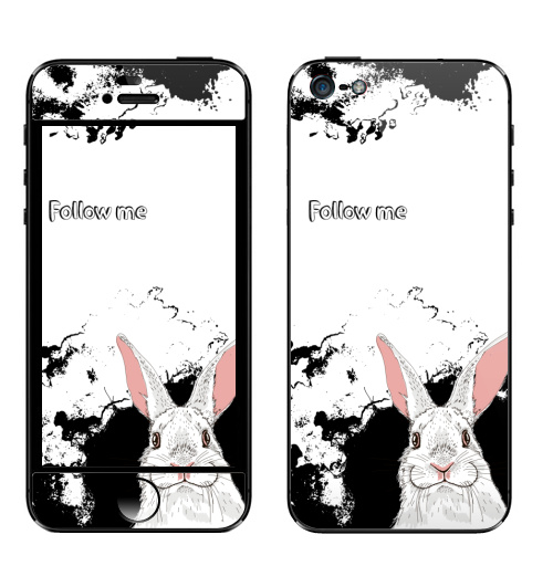 Наклейка на Телефон Apple iPhone 5 Следуй за белым кроликом,  купить в Москве – интернет-магазин Allskins, надписи на английском, заяц, белый, графика, надписи, черный, черно-белое, кролики, животные, зима