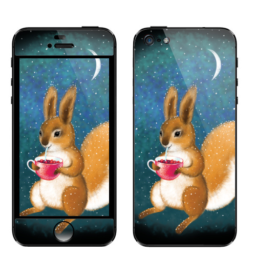 Наклейка на Телефон Apple iPhone 5 Белка-полуночница,  купить в Москве – интернет-магазин Allskins, графика, напиток, шерсть, зима, снег, животные, чай и кофе, белка, месяц