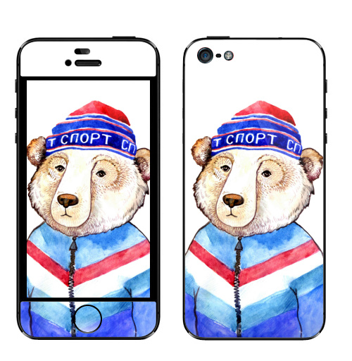 Наклейка на Телефон Apple iPhone 5 Мишаня,  купить в Москве – интернет-магазин Allskins, крутые животные, милые животные, синий, шапка, животные, спорт, михалыч, медведь, Россия, патриотические