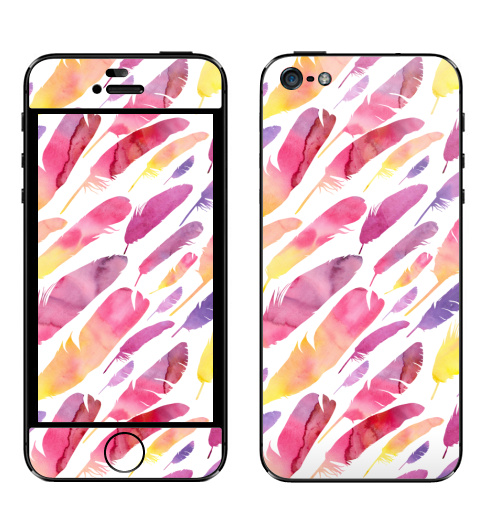 Наклейка на Телефон Apple iPhone 5 Акварельные перышки на белом фоне,  купить в Москве – интернет-магазин Allskins, перья, фиолетовый, сиреневый, лимонный, розовый, градиент, текстура, акварель
