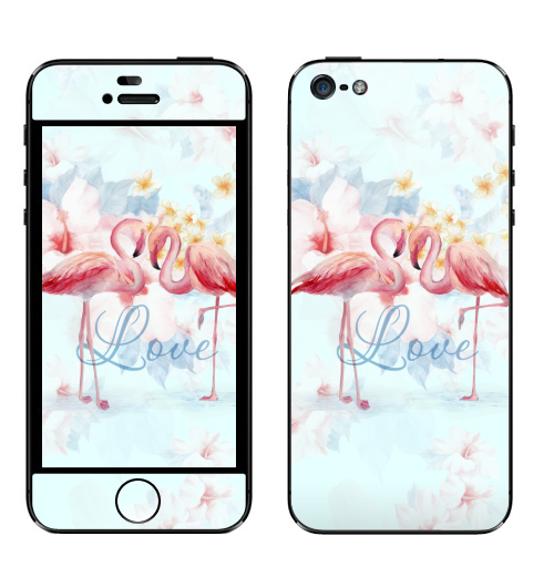 Наклейка на Телефон Apple iPhone 5 Влюбленные фламинго,  купить в Москве – интернет-магазин Allskins, любовь, фламинго, птицы, лето, влюблённым, акварель