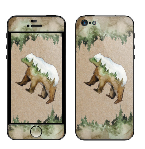 Наклейка на Телефон Apple iPhone 5 Лесной медведь,  купить в Москве – интернет-магазин Allskins, крутые животные, лес, медведь, природа, акварель