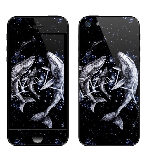Наклейка на Телефон Apple iPhone 5 Межгалактические киты,  купить в Москве – интернет-магазин Allskins, полностьючерный, небо, животные, ночь, звезда, космос, киты