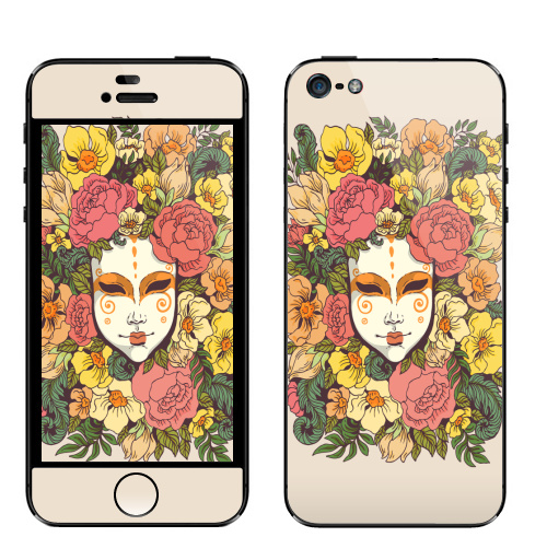 Наклейка на Телефон Apple iPhone 5 Цветочная маска,  купить в Москве – интернет-магазин Allskins, весна, лицо, цветы, маска, узор, декоративный, растение, букет, желтый