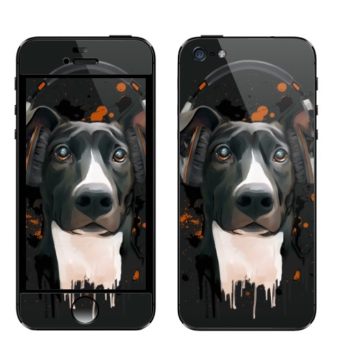 Наклейка на Телефон Apple iPhone 5 Пёс меломан,  купить в Москве – интернет-магазин Allskins, крутые животные, собаки, веселый, черный, животные, меломан, музыка, милые животные