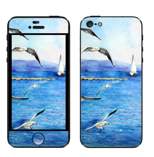 Наклейка на Телефон Apple iPhone 5 Морские чайки,  купить в Москве – интернет-магазин Allskins, акварель, морская, синий, чайка, отдых, волны