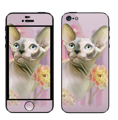 Наклейка на Телефон Apple iPhone 5 Сфинкс с розами.,  купить в Москве – интернет-магазин Allskins, кошка, Сфинкс, цветы, лето, розы, фиолетовый, лиловый, сфинксы