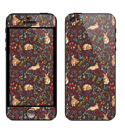 Наклейка на Телефон Apple iPhone 5 Кролики в лесу,  купить в Москве – интернет-магазин Allskins, паттерн, акварель, кролики, заяц, лес, лесной, полнаязапечатка, мимими, ягоды