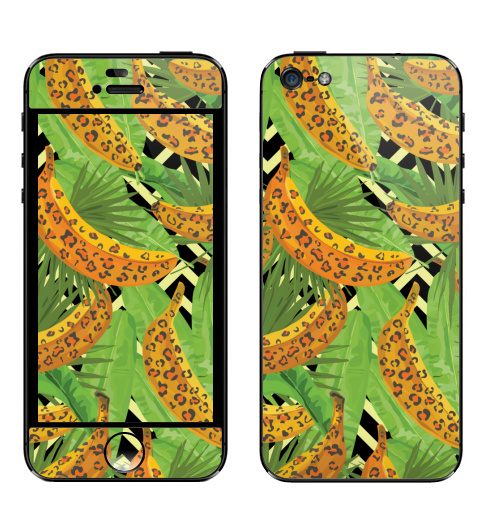Наклейка на Телефон Apple iPhone 5 Паттерн с банами,  купить в Москве – интернет-магазин Allskins, зеленый, текстура, хищник, джунгли, листья, тропики, паттерн, леопард, банан