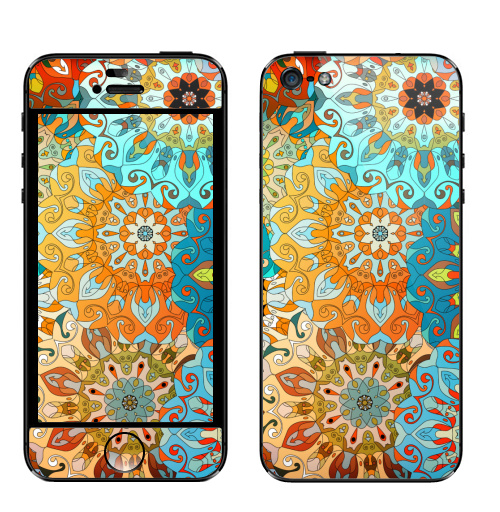 Наклейка на Телефон Apple iPhone 5 Солнечная мандала,  купить в Москве – интернет-магазин Allskins, яркий, мандала, индийский, восточный, оранжевый, паттерн, синий, голубой, сияющий