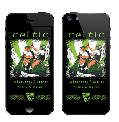Наклейка на Телефон Apple iPhone 5 Кельтское приключение,  купить в Москве – интернет-магазин Allskins, Ирландия, кельт, килт, мотоцикл, приключения, алкоголь, персонажи, путешествия, отдых