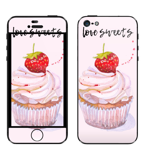 Наклейка на Телефон Apple iPhone 5 Люблю сладенькое,  купить в Москве – интернет-магазин Allskins, надписи на английском, надписи, сладости, капкейк, клубника, торт, десерт, розовый, красный