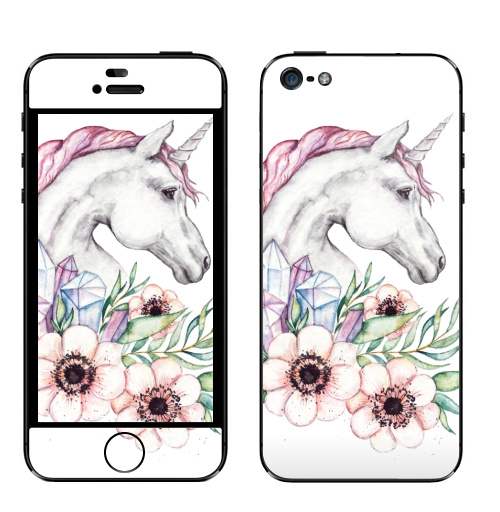 Наклейка на Телефон Apple iPhone 5 Весенний единорог,  купить в Москве – интернет-магазин Allskins, лошадь, белый, розовый, акварель, девушке, весна, кристалл, цветы, единорог, магия