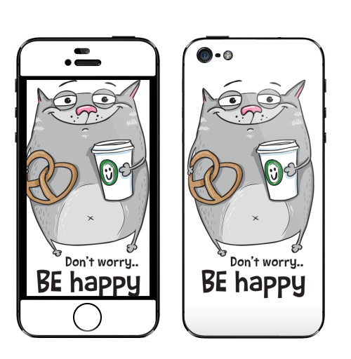 Наклейка на Телефон Apple iPhone 5 Будь счастлив с серым котом,  купить в Москве – интернет-магазин Allskins, будь, счастлив