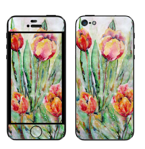 Наклейка на Телефон Apple iPhone 5 Тюльпаны. Жаркий полдень,  купить в Москве – интернет-магазин Allskins, цветы, акварель, плакат, оригинально, пастельные, тона, нежно, пейзаж