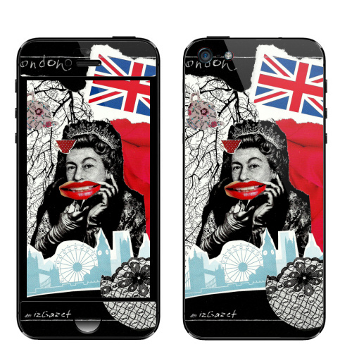 Наклейка на Телефон Apple iPhone 5 LONDONQUEEN,  купить в Москве – интернет-магазин Allskins, ИЗОБРАЗИТЕЛЬНОЕ ИСКУССТВО, коллаж, мода, Англия, ПОП АРТ, черный