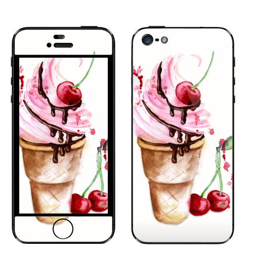 Наклейка на Телефон Apple iPhone 5 Мороженое с вишенкой,  купить в Москве – интернет-магазин Allskins, акварель, мороженое, вишня, шоколад, сладости, яркий, нежно